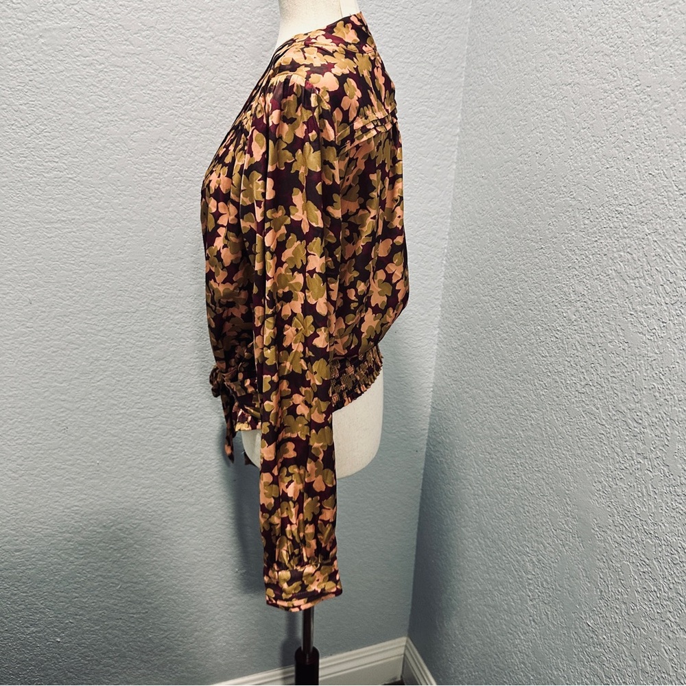 Anthropologie Floral Wrap Blouse NWT Large Brown Boho Romantic Top Silky - Picture 9 of 11